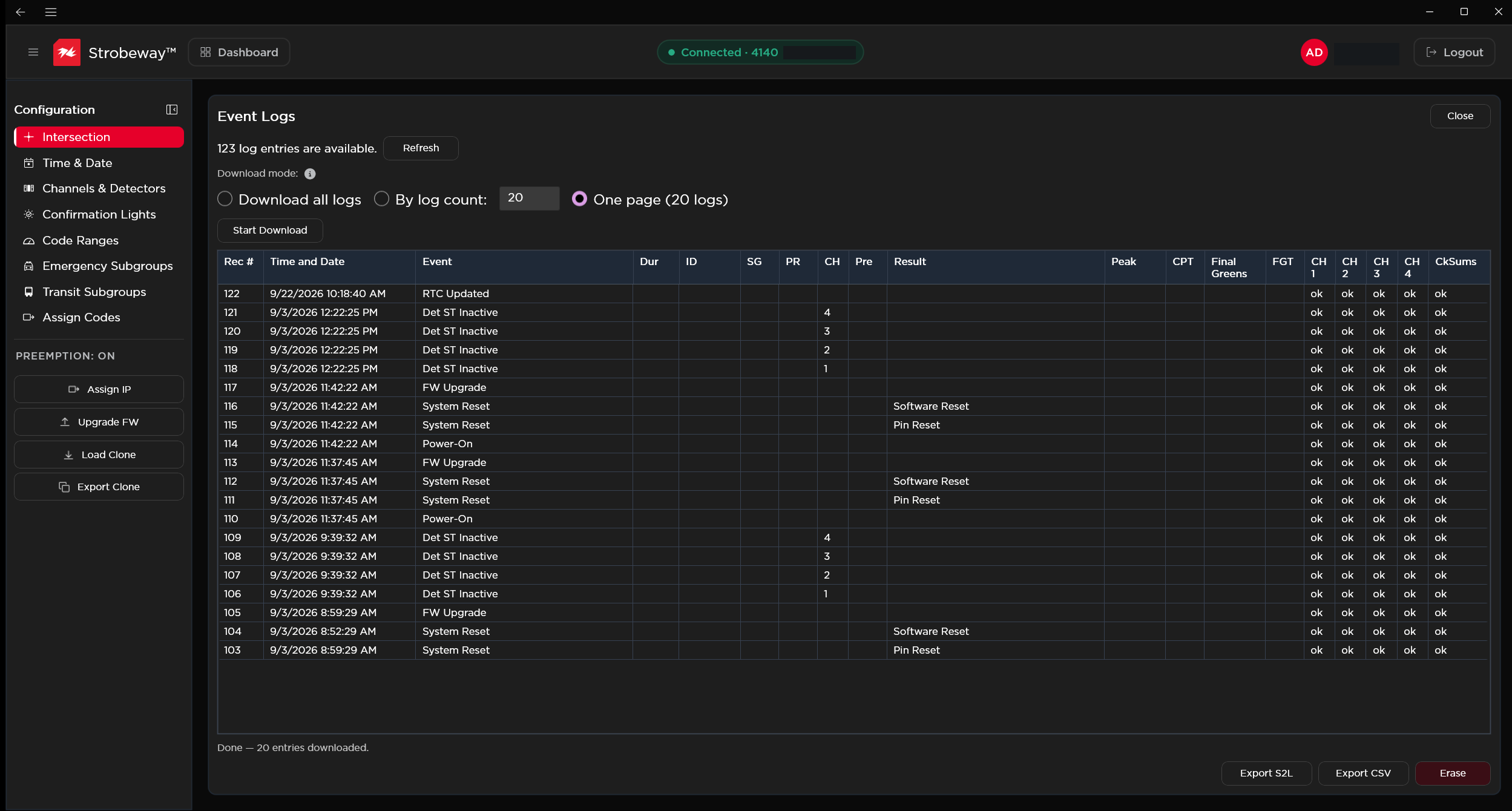 Strobeway™ interface screenshot: Review what happened. Retrieve timestamped device events and export records for troubleshooting, documentation, and analysis.