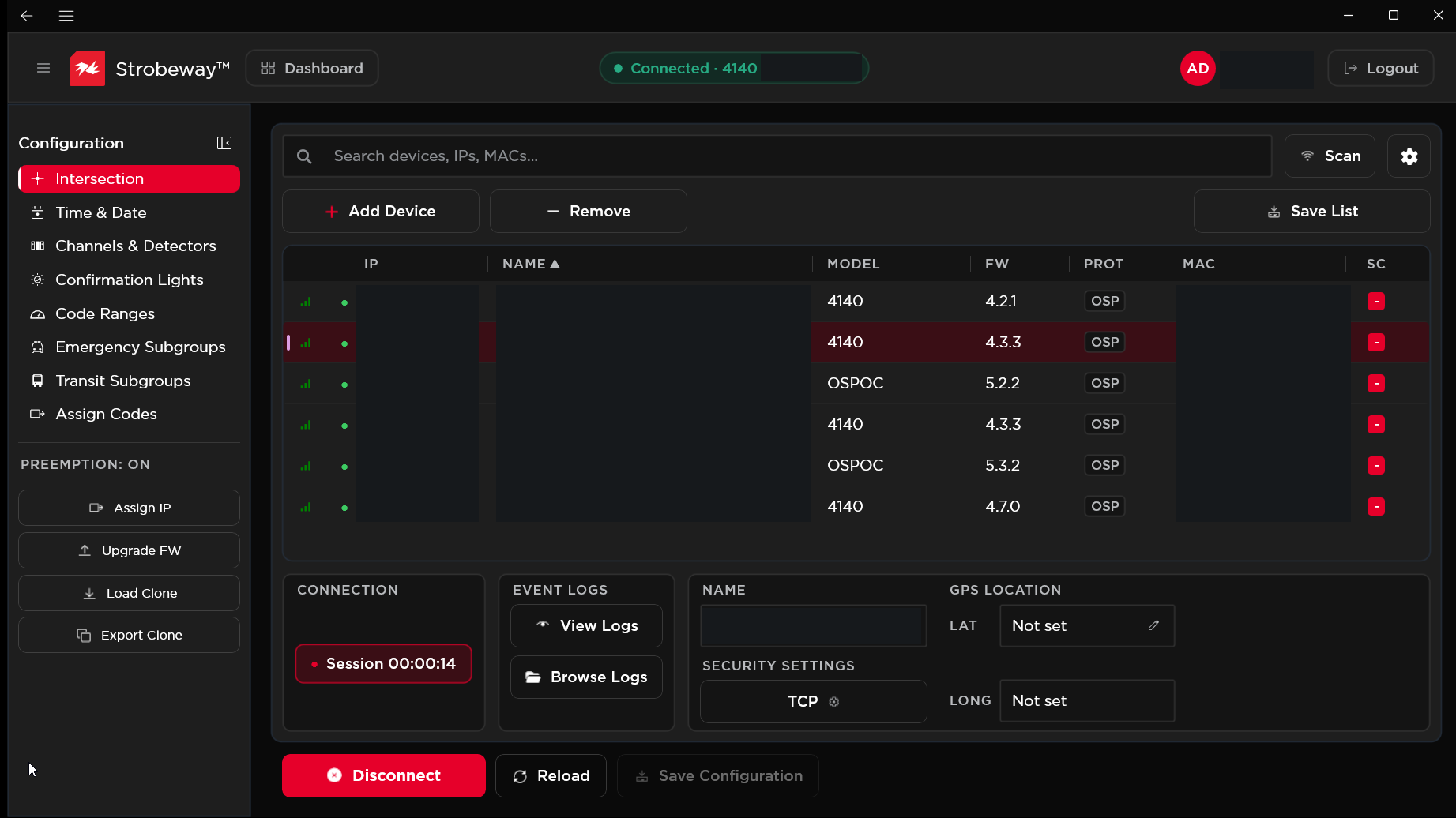 Strobeway™ interface screenshot: Find and connect to your processors. Discover supported OSP devices, review model and firmware details, and connect to the processor you need.
