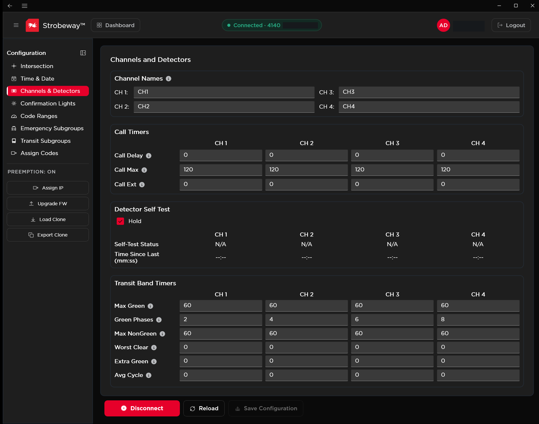 Strobeway™ interface screenshot: Configure channels and detectors. Set channel names, call timers, and transit timing parameters while reviewing detector self-test status.