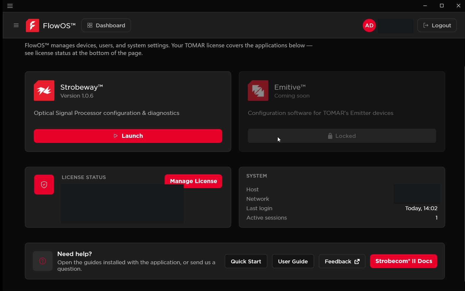 Strobeway™ interface screenshot: Launch Strobeway™ from FlowOS™. Open Strobeway™ and access license management, system information, and product guides.
