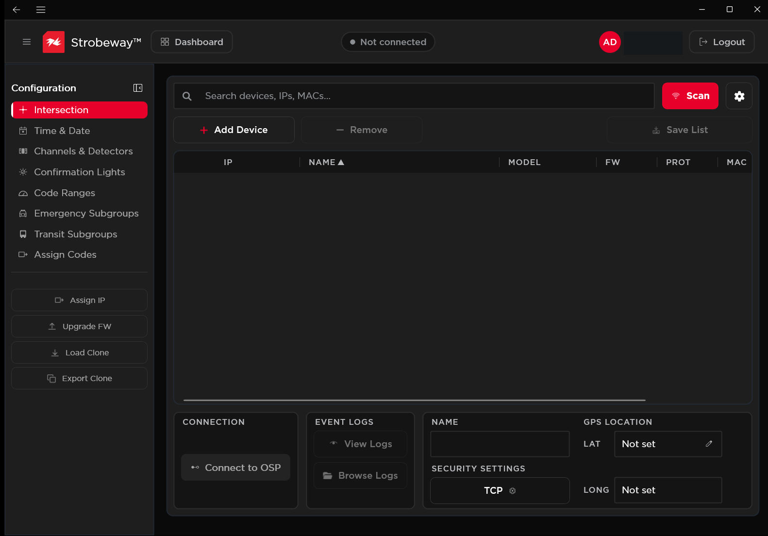 Strobeway™ interface screenshot: Start with your device list. Scan the network or add a supported OSP device.