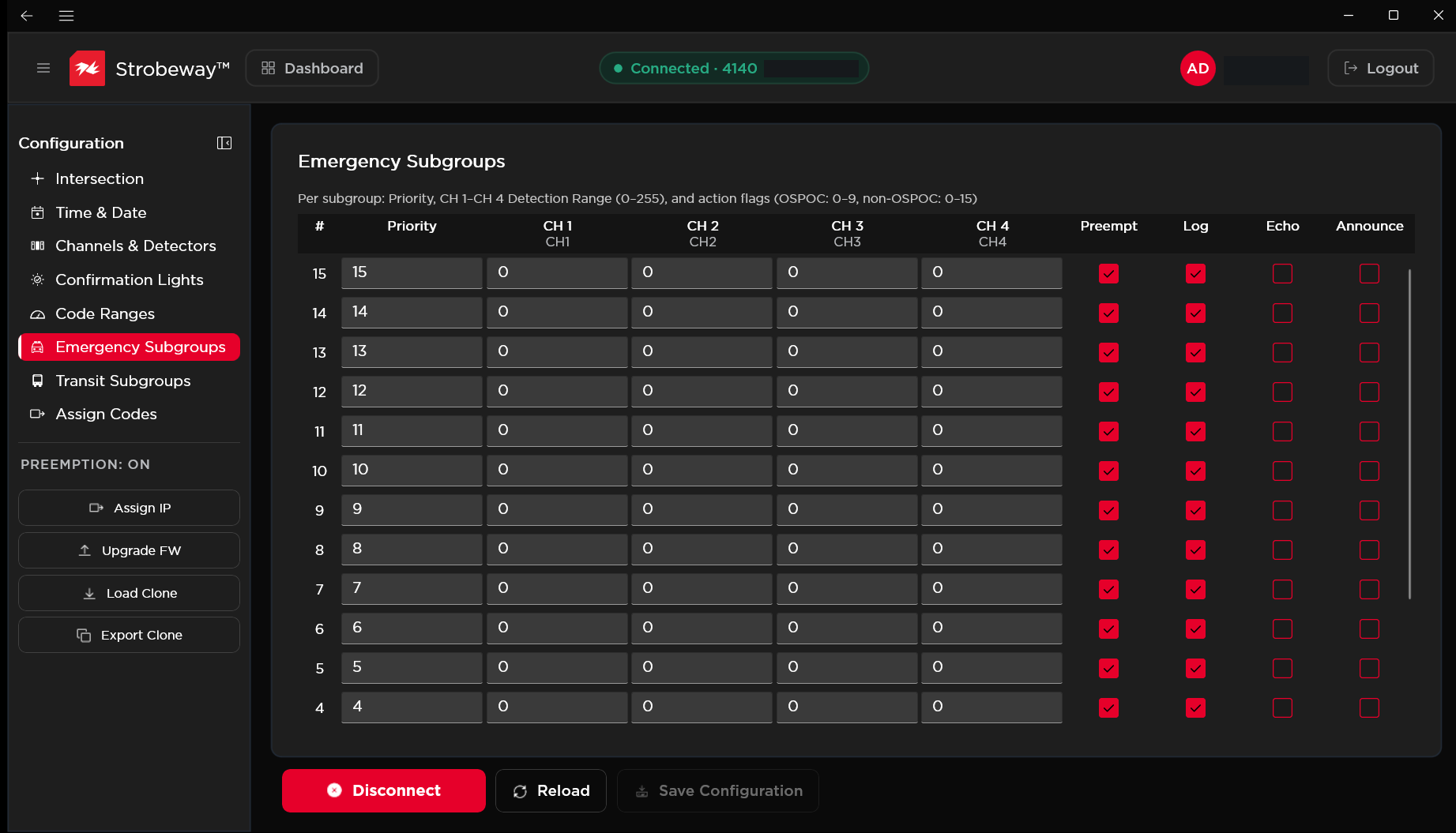 Strobeway™ interface screenshot: Manage emergency priorities. Set subgroup priorities, channel detection ranges, and preemption, logging, echo, and announce options.