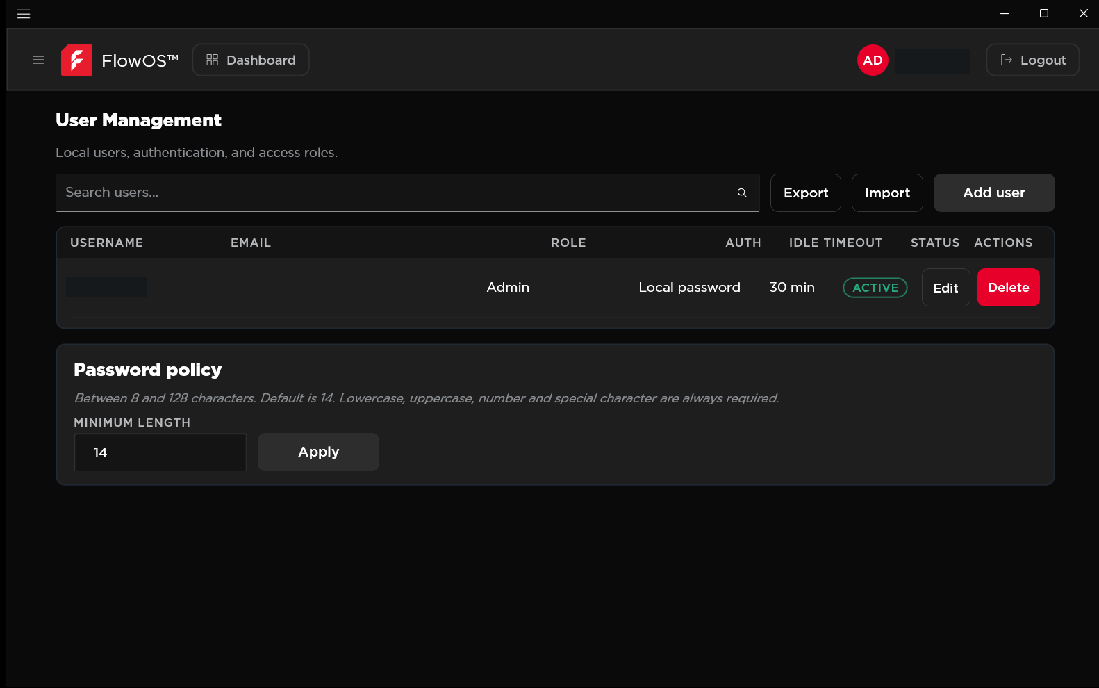 Strobeway™ interface screenshot: Manage access through FlowOS™. Manage local users, roles, session timeouts, and password requirements in the FlowOS™ platform.