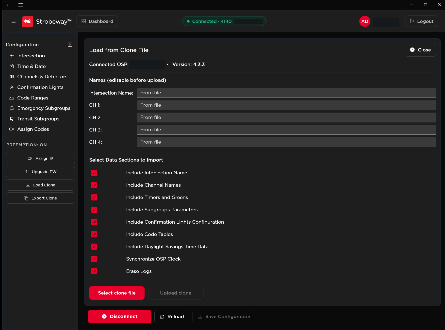 Strobeway™ interface screenshot: Reuse approved configurations. Load a clone file, edit intersection and channel names, and select the settings to import.