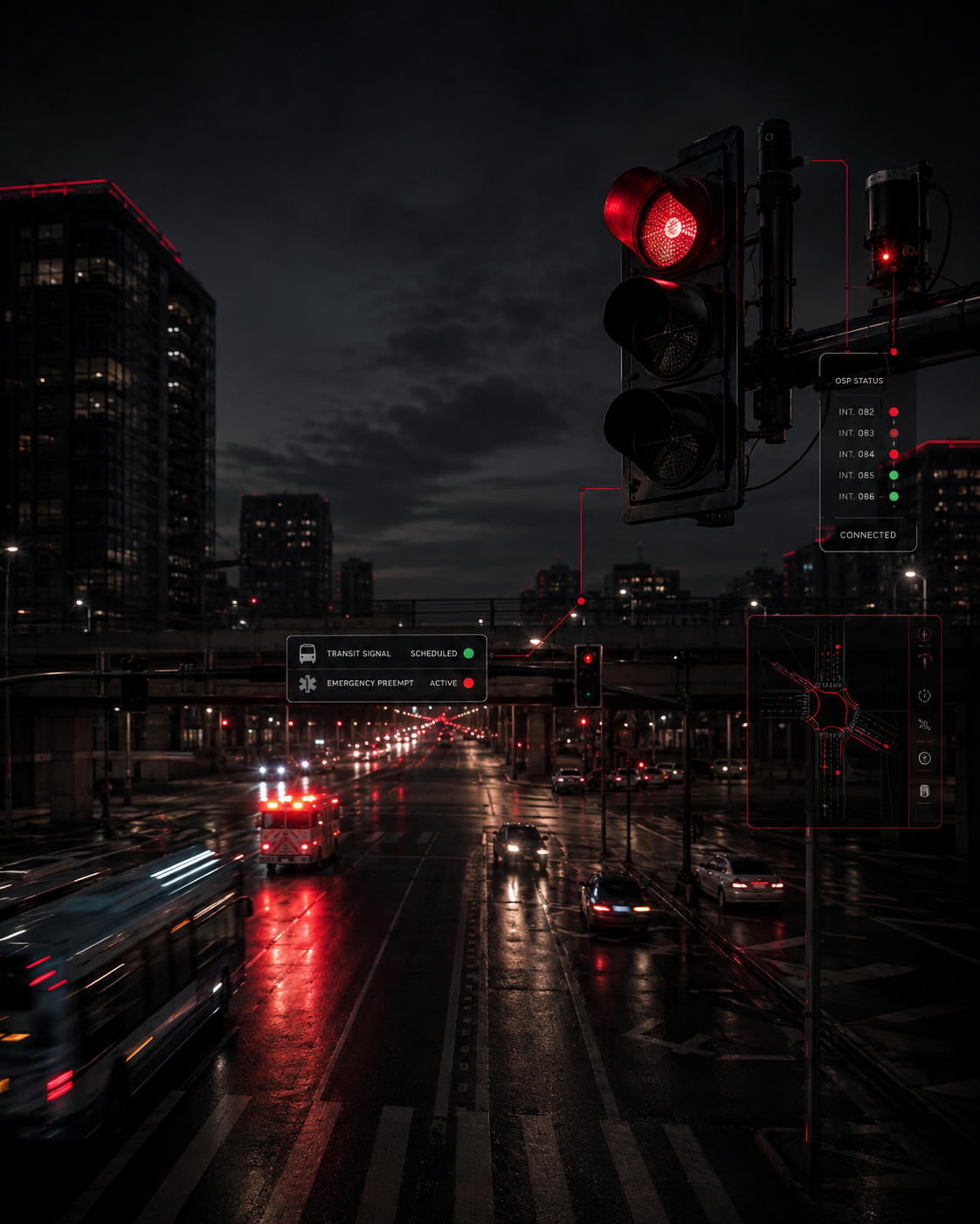 Night intersection with emergency vehicle preemption active and Strobeway™ status overlays on signal hardware